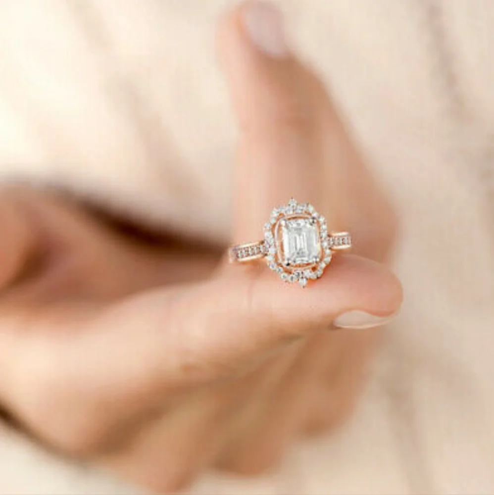 Romantic Rose Gold Emerald Cut Halo Engagement Ring: Christmas Sale - Picture 4 of 5